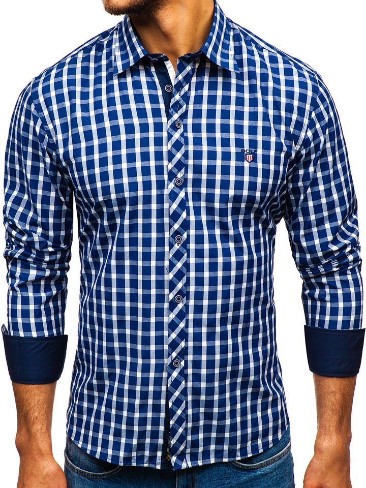 Tmavě modrá elegantní pánská kostkovaná košile s dlouhým rukávem Bolf 4747