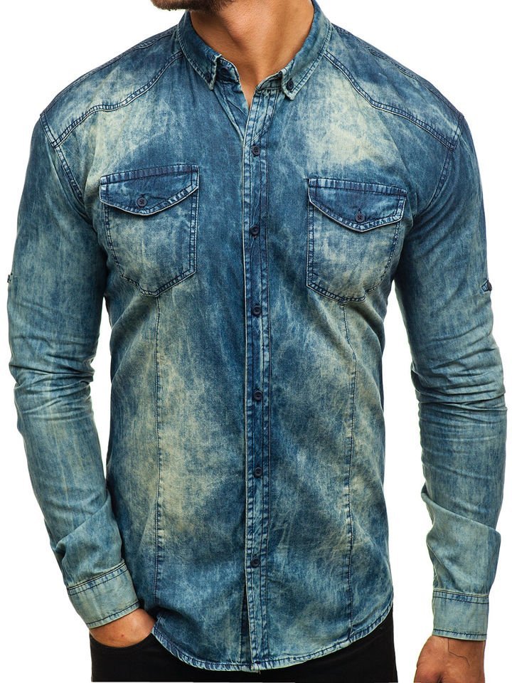Tmavě modro-šedá pánská džínová košile s dlouhým rukávem Bolf 0895