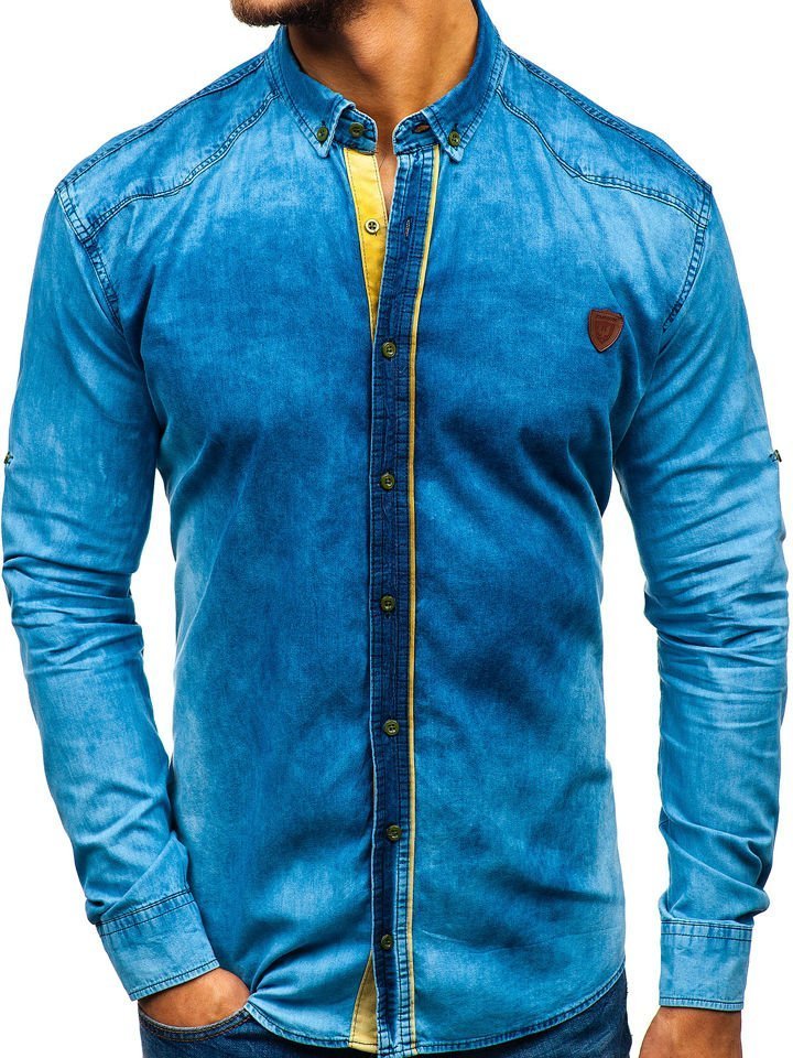 Modrá pánská džínová košile s dlouhým rukávem Bolf RL15