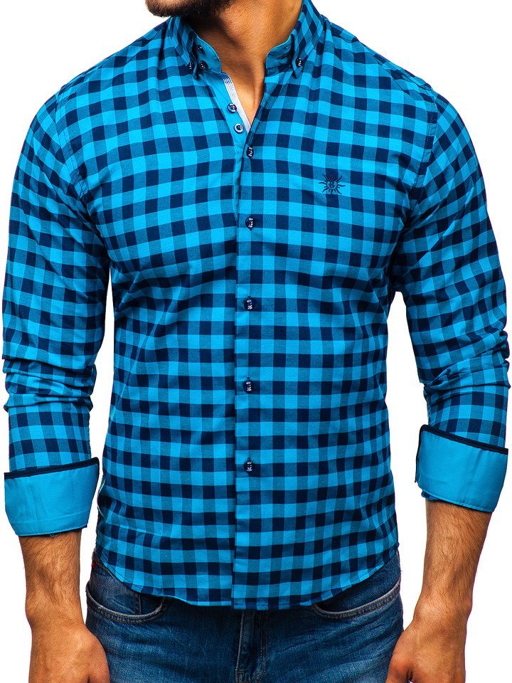 Modrá pánská kostkovaná košile s dlouhým rukávem Bolf 5816-A