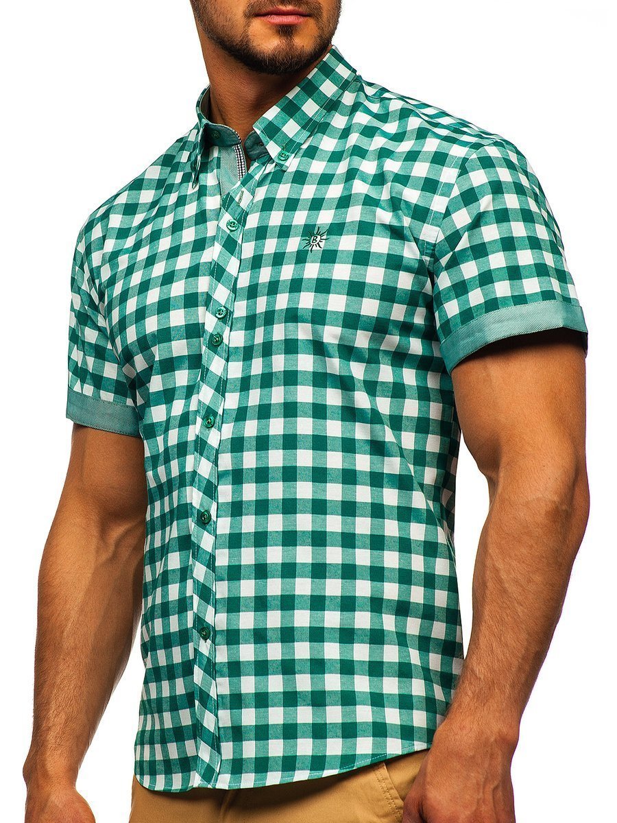 Zelená pánská kostkovaná košile s krátkým rukávem Bolf 6522