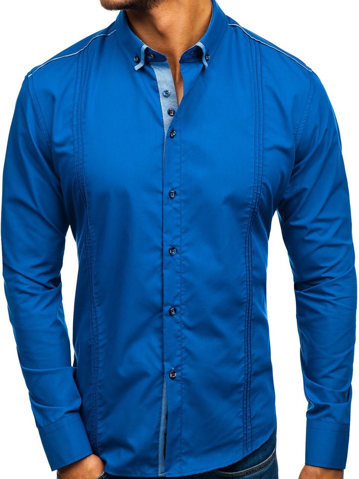 Královsky modrá pánská elegantní košile s dlouhým rukávem Bolf 8821