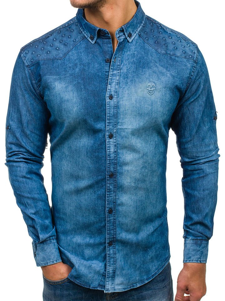 Modrá pánská džínová košile s dlouhým rukávem Bolf 0540