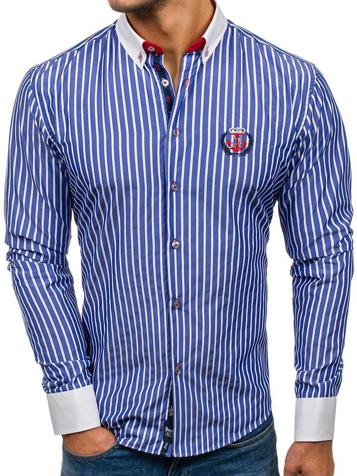 Modrá pánská proužkovaná košile s dlouhým rukávem Bolf 1771