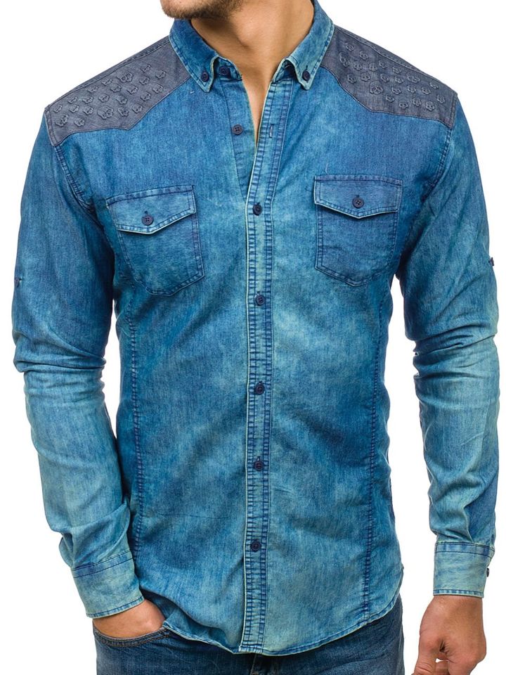 Modrá pánská vzorovaná džínová košile s dlouhým rukávem Bolf 0517-1