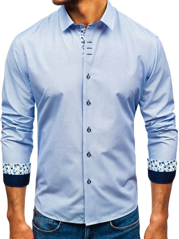 Bílo-tmavě modrá pánská vzorovaná košile s dlouhým rukávem Bolf 9704