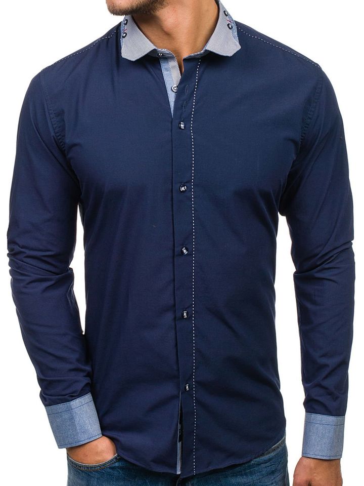 Tmavě modrá pánská elegantní košile s dlouhým rukávem Bolf 6962