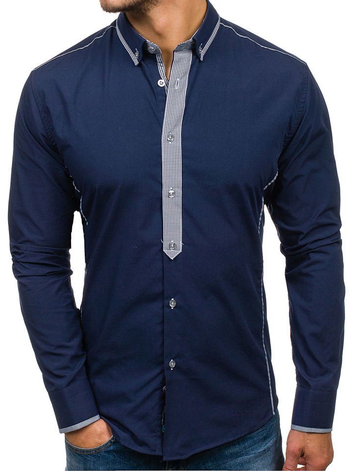 Tmavě modrá pánská elegantní košile s dlouhým rukávem Bolf 5800