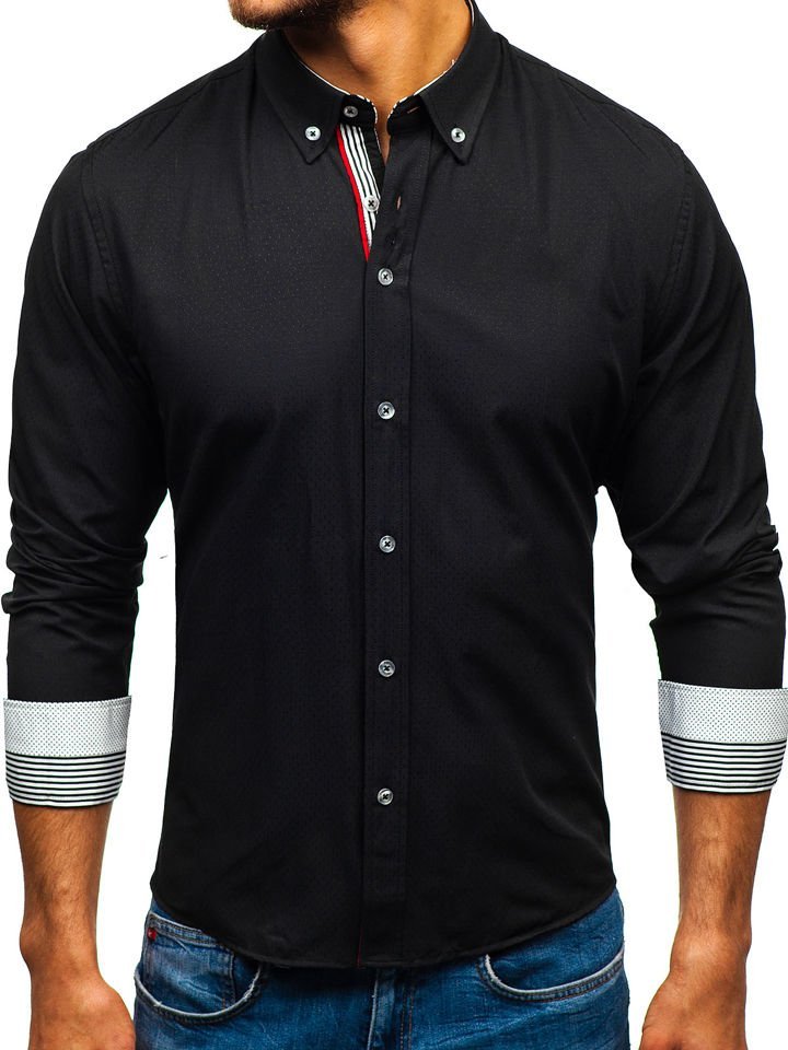 Černá pánská vzorovaná košile s dlouhým rukávem Bolf 8843