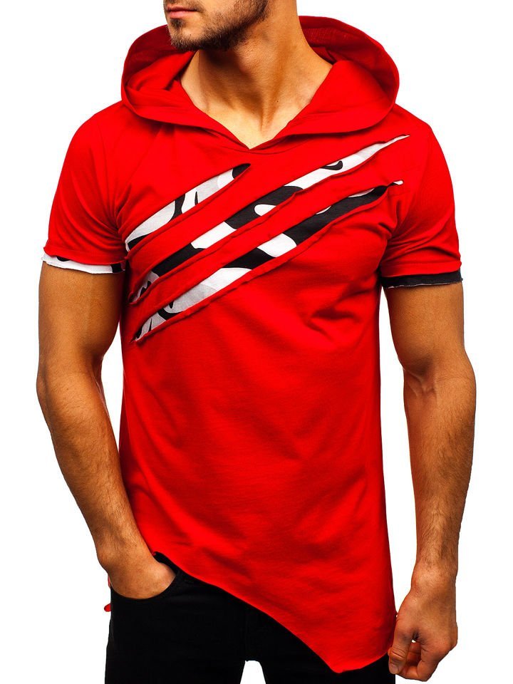 Červené pánské tričko s potiskem a kapucí Bolf 1185