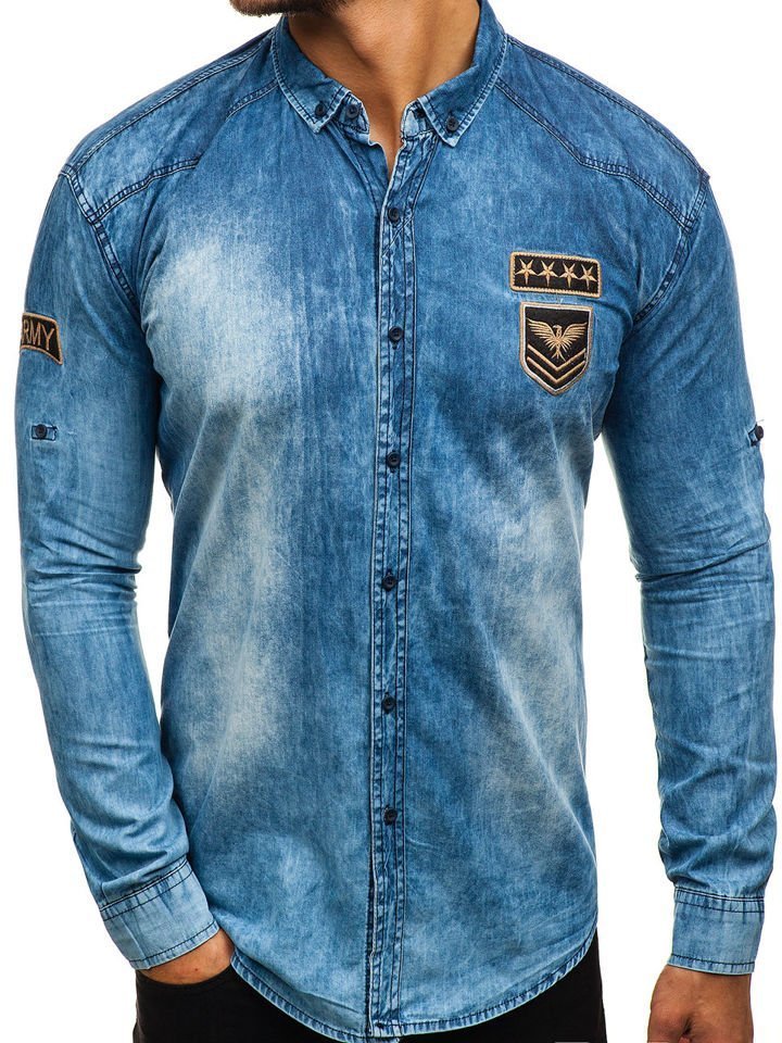 Modrá pánská džínová košile s dlouhým rukávem Bolf 0992