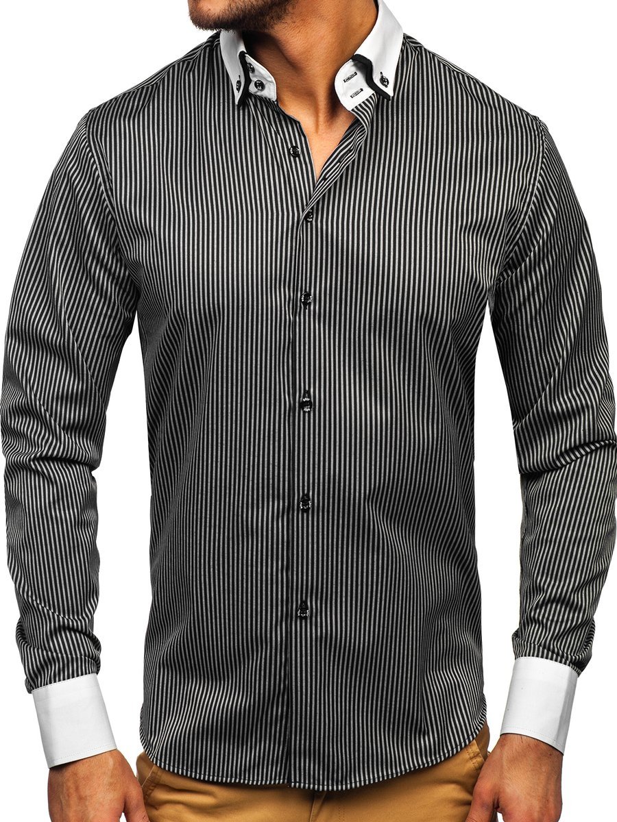 Černá elegantní pánská proužkovaná košile s dlouhým rukávem Bolf 0909-A