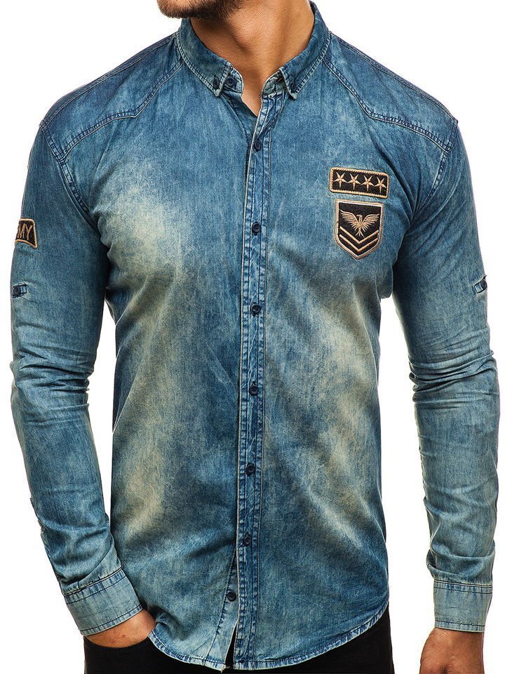 Tmavě modro-šedá pánská džínová košile s dlouhým rukávem Bolf 0992