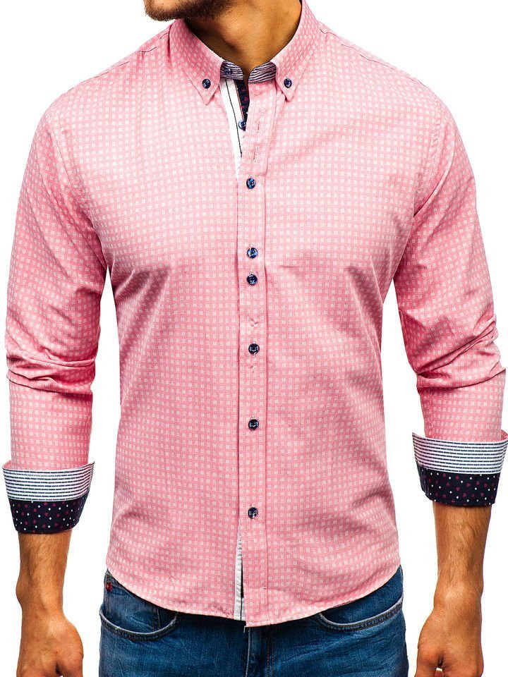 Růžová pánská vzorovaná košile s dlouhým rukávem Bolf 8841