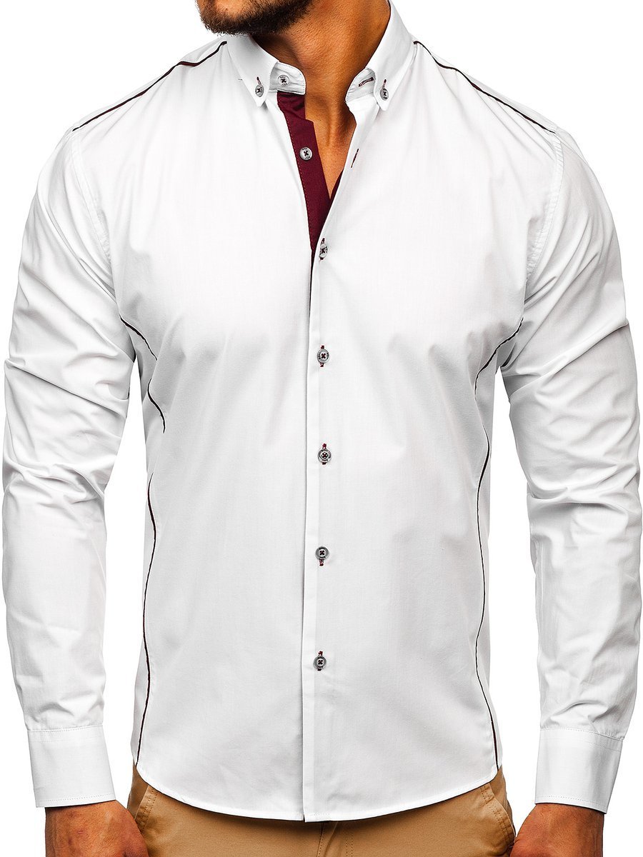 Bílo-vínová pánská elegantní košile s dlouhým rukávem Bolf 5722-1