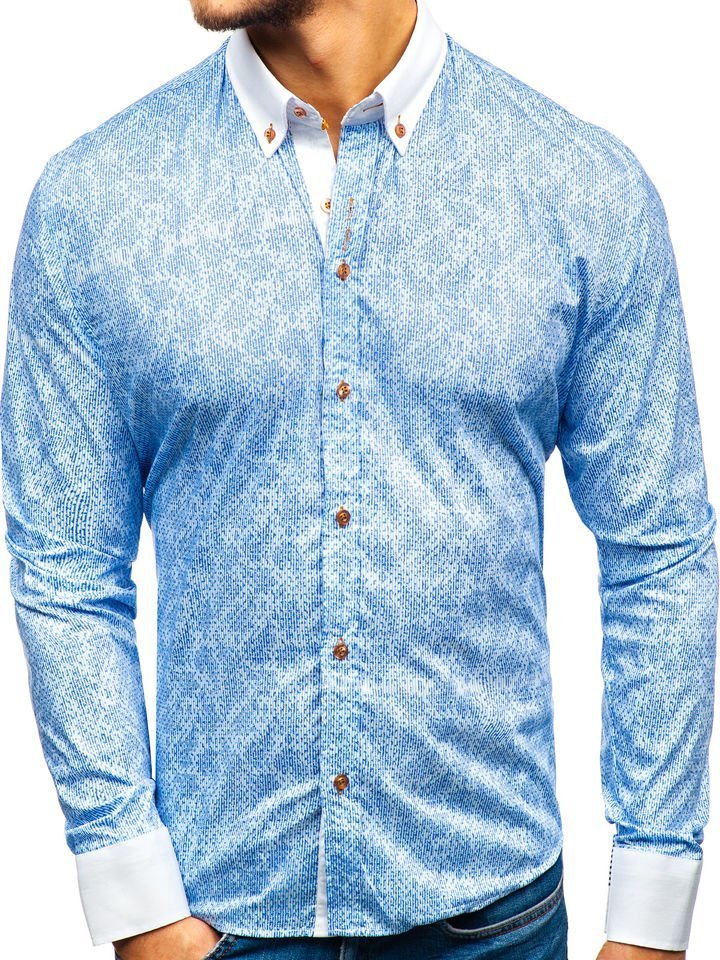 Modrá pánská vzorovaná košile s dlouhým rukávem Bolf 8842