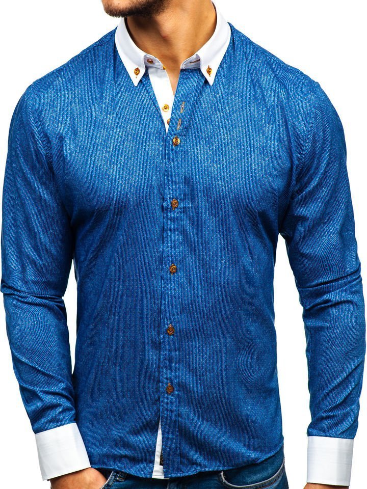 Tmavě modrá pánská vzorovaná košile s dlouhým rukávem Bolf 8842