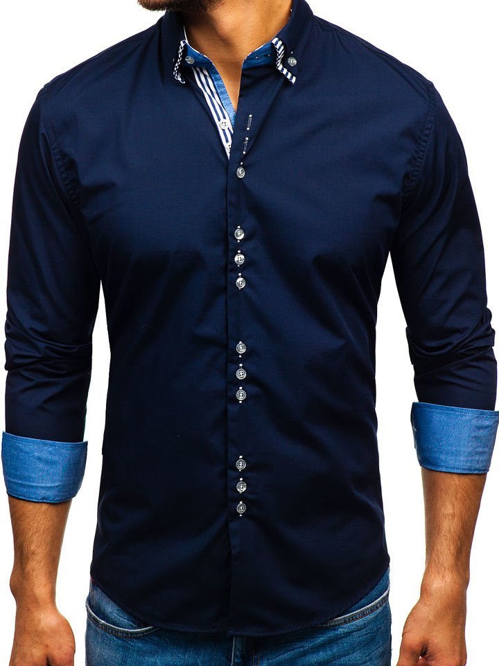 Tmavě modrá pánská elegantní košile s dlouhým rukávem Bolf 4703
