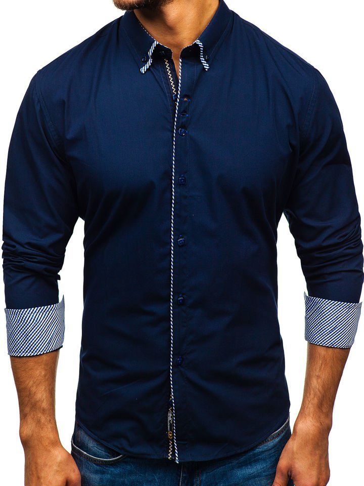 Tmavě modrá pánská elegantní košile s dlouhým rukávem Bolf 2701-1