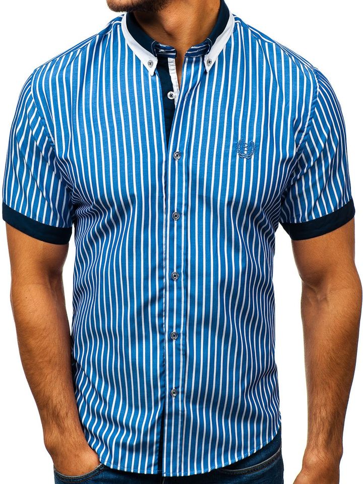 Modrá pánská elegantní kostkovaná košile s krátkým rukávem Bolf 4501