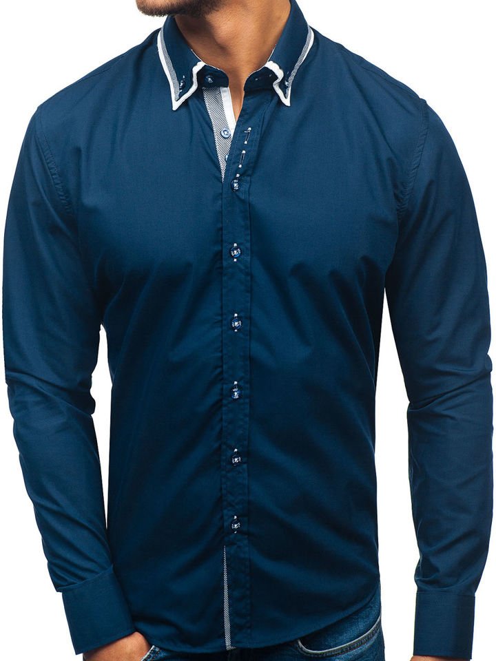 Tmavě modrá pánská elegantní košile s dlouhým rukávem Bolf 3704-1
