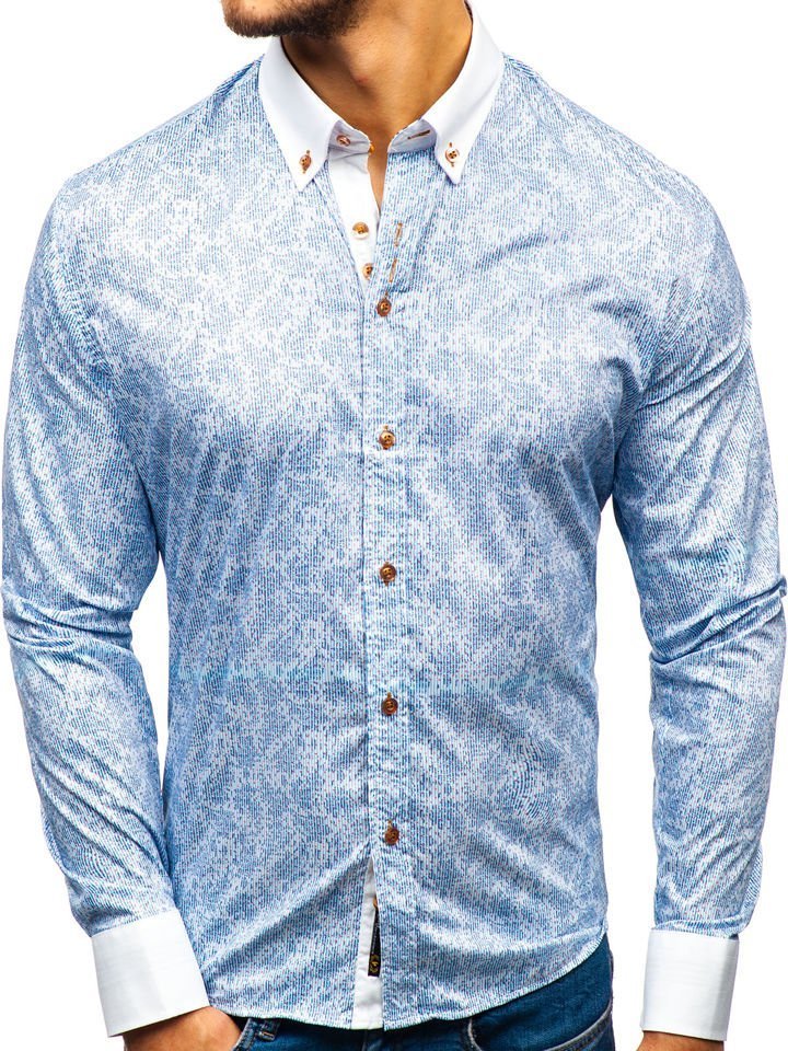 Blankytná pánská vzorovaná košile s dlouhým rukávem Bolf 8842