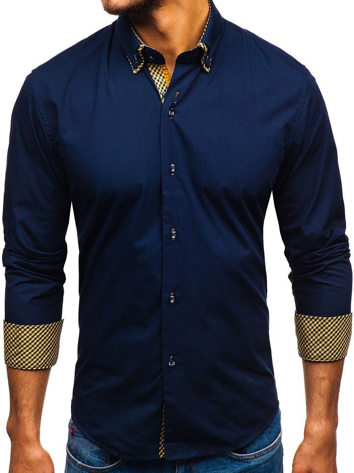 Tmavě modrá pánská elegantní košile s dlouhým rukávem Bolf 4708