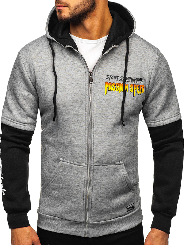 Šedá pánská mikina s kapucí klokanka s potiskem Denley HY611