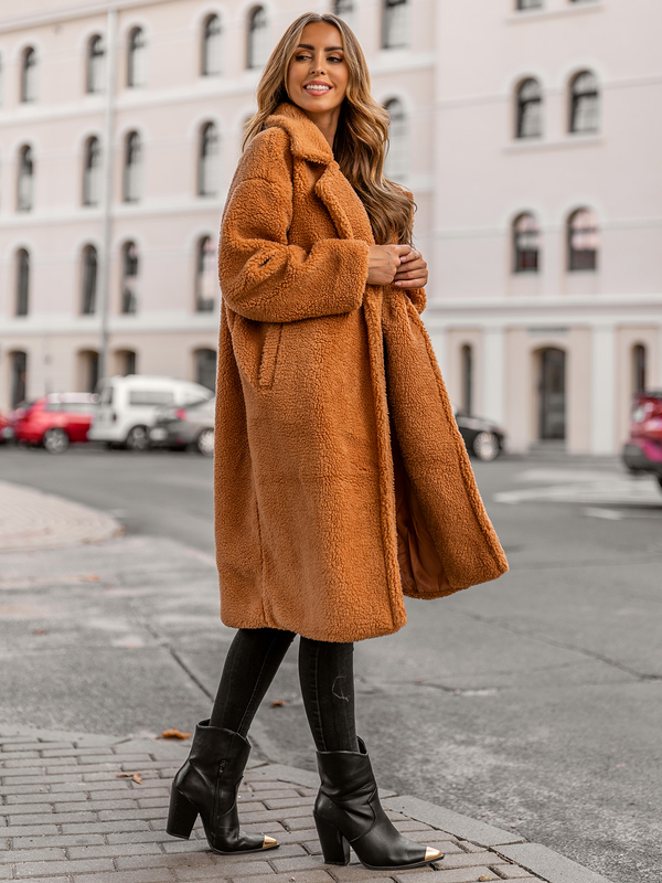 Kamelový dámský dlouhý zateplený zimní kabát Bolf AN105