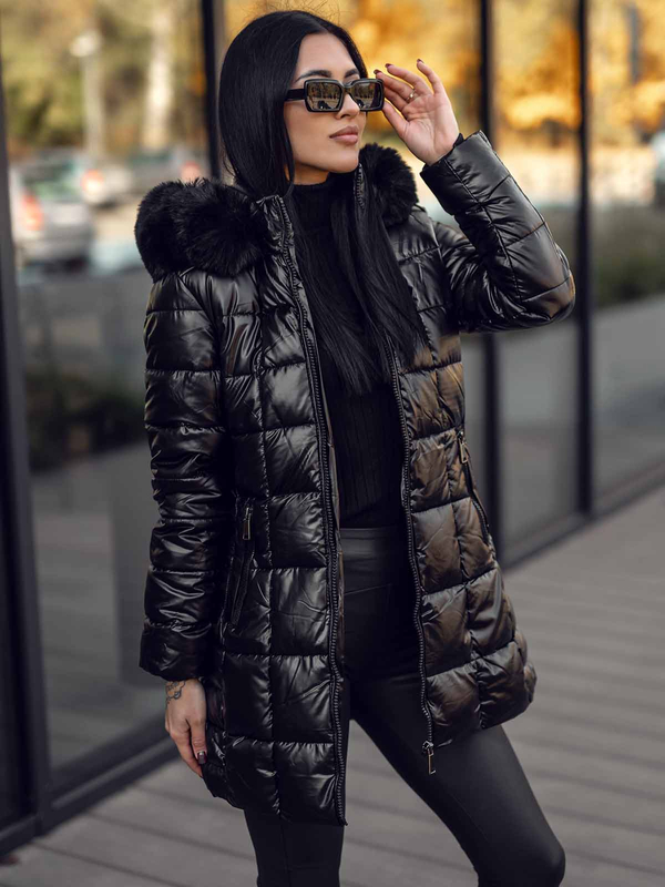 Černá dámská prodloužená prošívaná zimní bunda s kapucí kabát Bolf 16M9120A