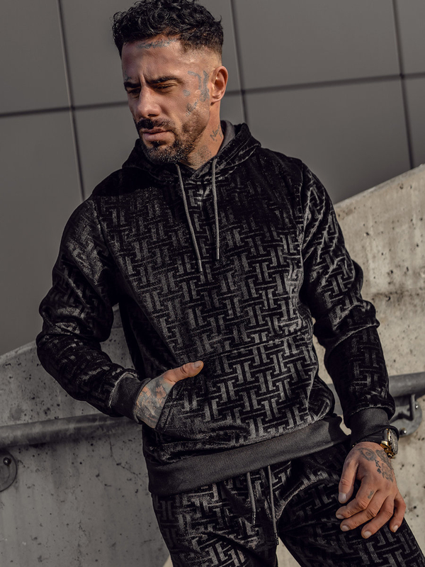 Černá pánská velurová tepláková souprava s kapucí Bolf 3A81