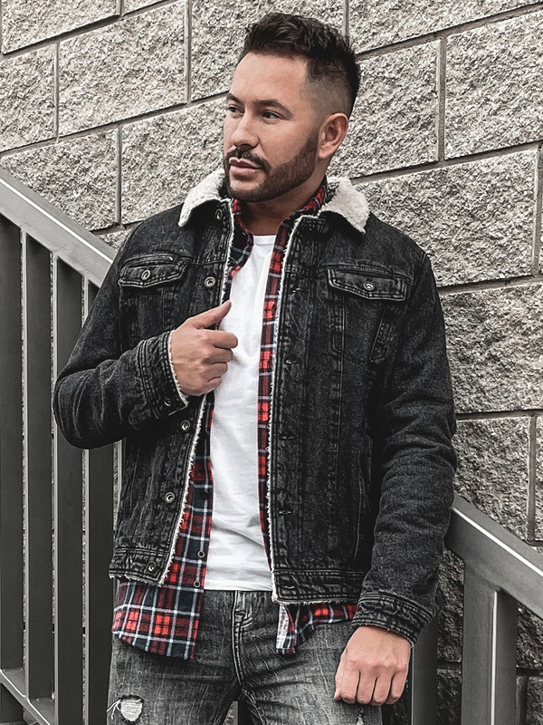 Černá pánská džínová zateplená bunda trucker s koženým límcem Bolf 1159