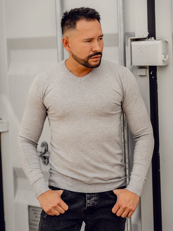 Melanžový pánský svetr s výstřihem do V Bolf YY03