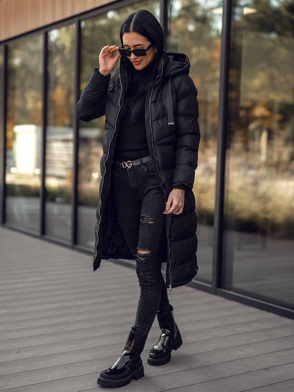 Černá dámská dlouhá prošívaná zimní bunda s kapucí Bolf 5M736