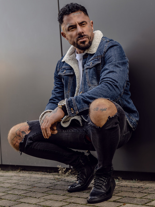 Tmavě modrá pánská džínová zateplená bunda trucker s koženým límcem Bolf 1155B